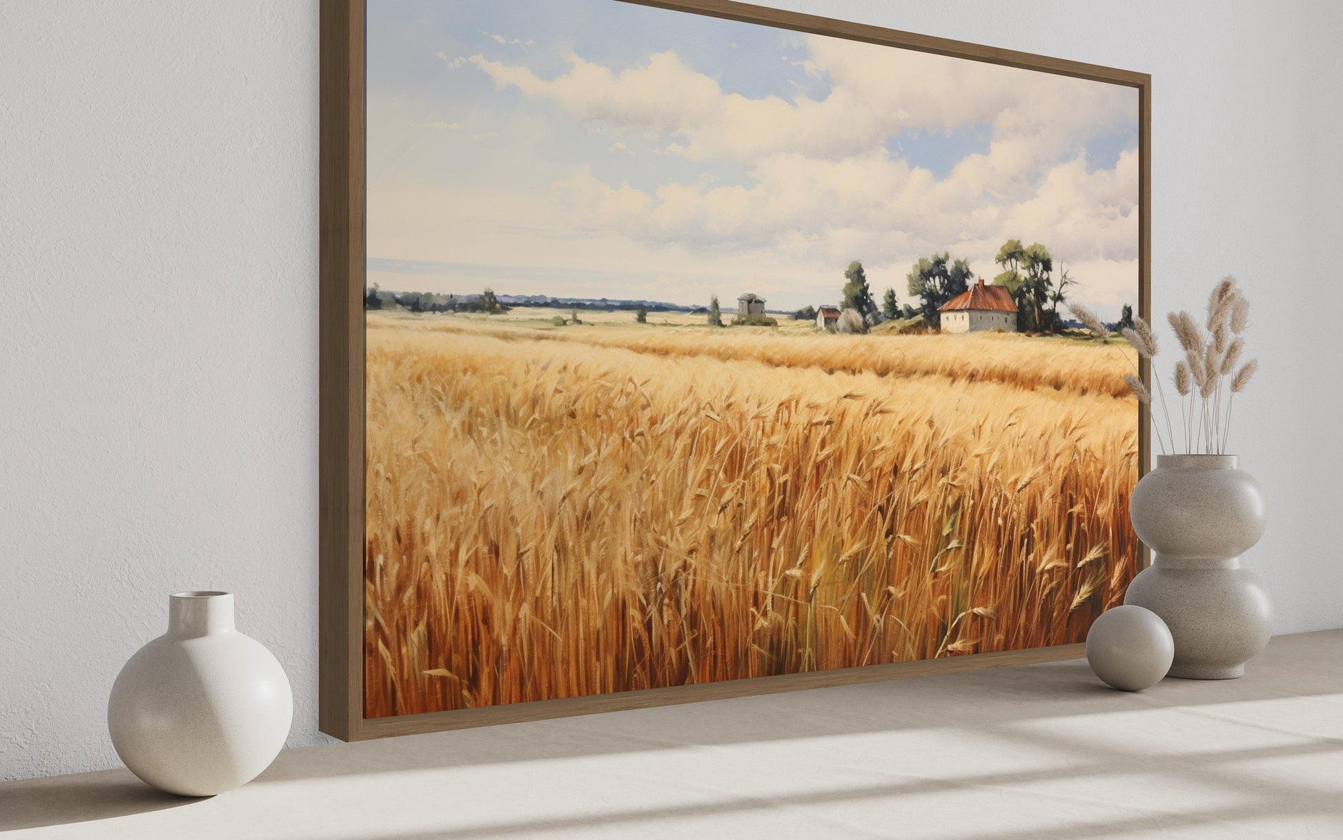 Rustic Wheat Field Landscape Farmhouse Framed Canvas Wall Art