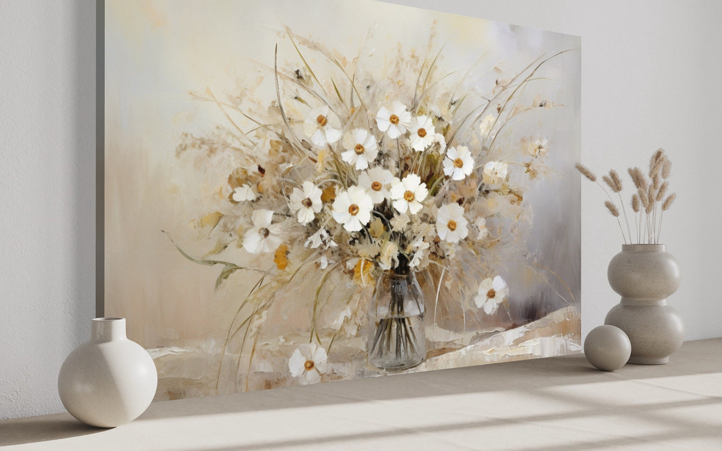 Rustic White Wildflowers Bouquet Neutral Framed Canvas Wall Art For Farmhouse