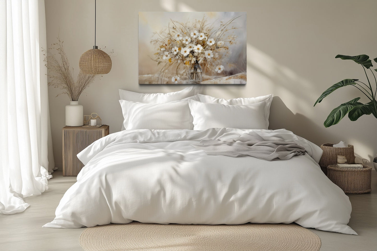 Rustic White Wildflowers Bouquet Neutral Framed Canvas Wall Art For Farmhouse