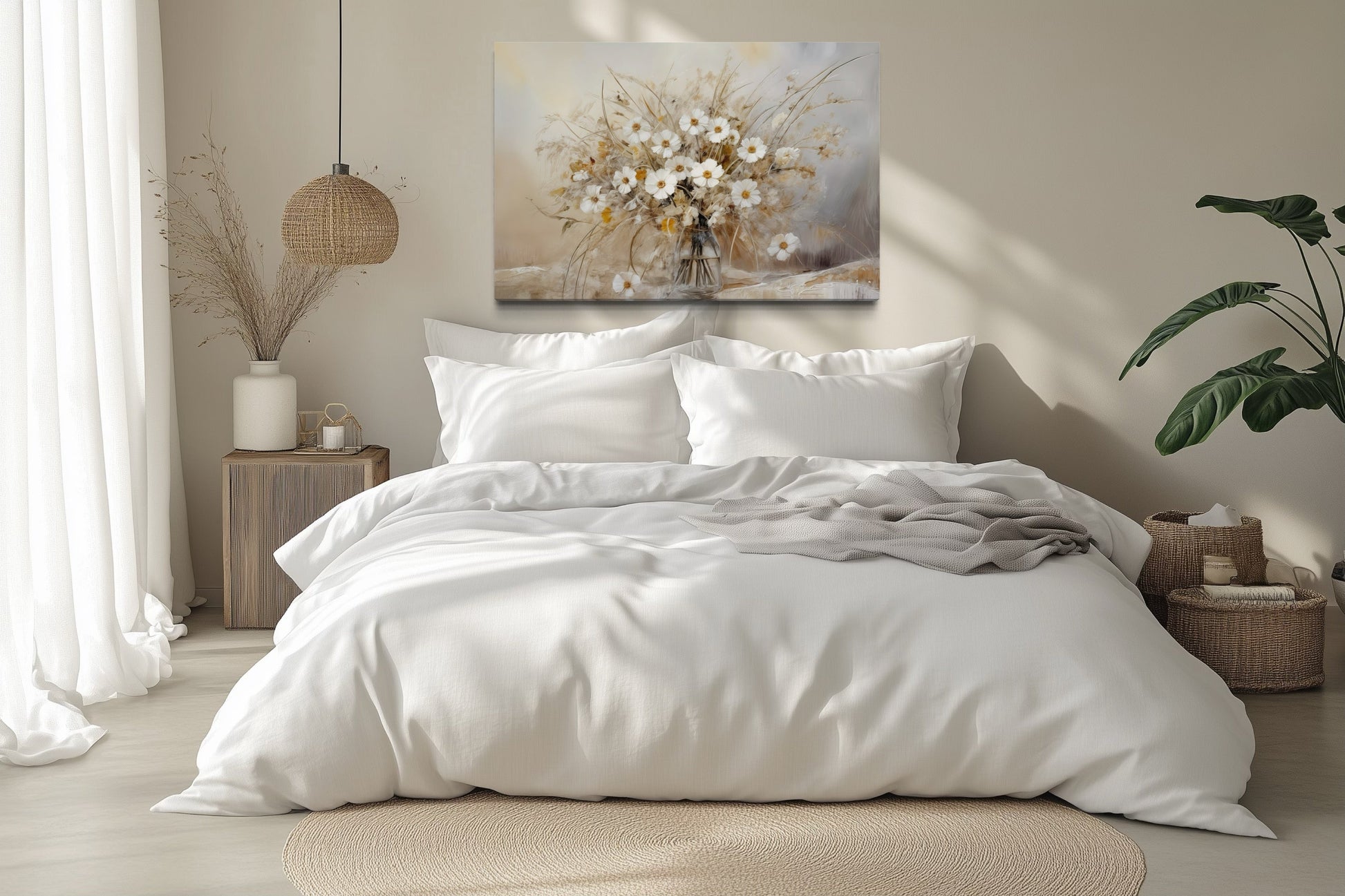 Rustic White Wildflowers Bouquet Neutral Framed Canvas Wall Art For Farmhouse