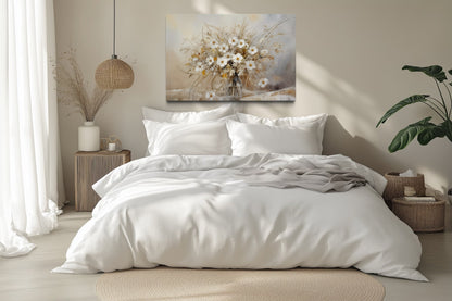 Rustic White Wildflowers Bouquet Neutral Framed Canvas Wall Art For Farmhouse
