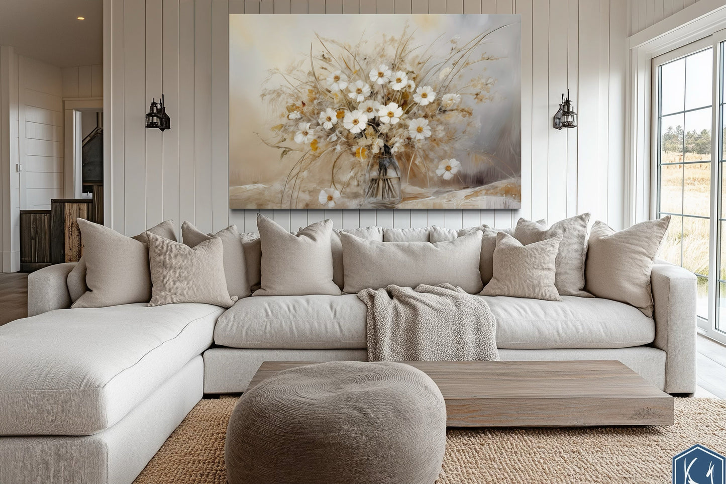 Rustic White Wildflowers Bouquet Neutral Framed Canvas Wall Art For Farmhouse