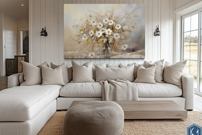 Rustic White Wildflowers Bouquet Neutral Framed Canvas Wall Art For Farmhouse