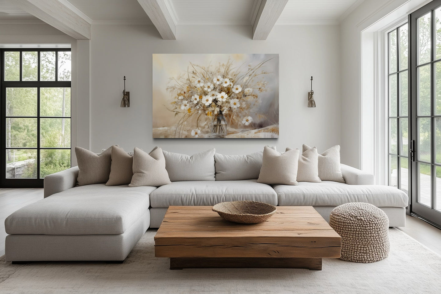 Rustic White Wildflowers Bouquet Neutral Framed Canvas Wall Art For Farmhouse