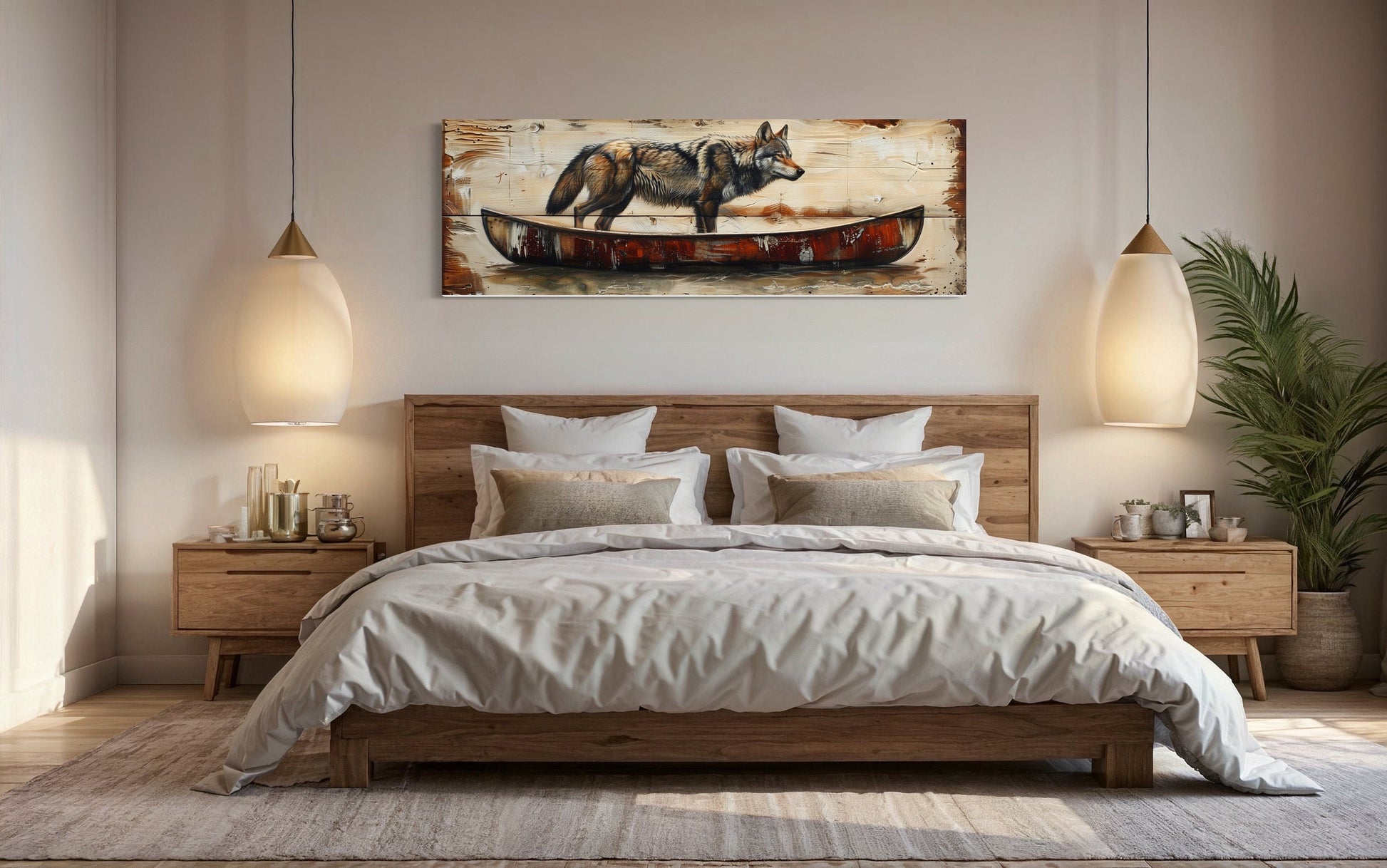 Rustic Wolf In Canoe Long Horizontal Framed Canvas Wall Art