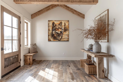 Rustic Wolf Painting On Wood Framed Canvas Wall Art