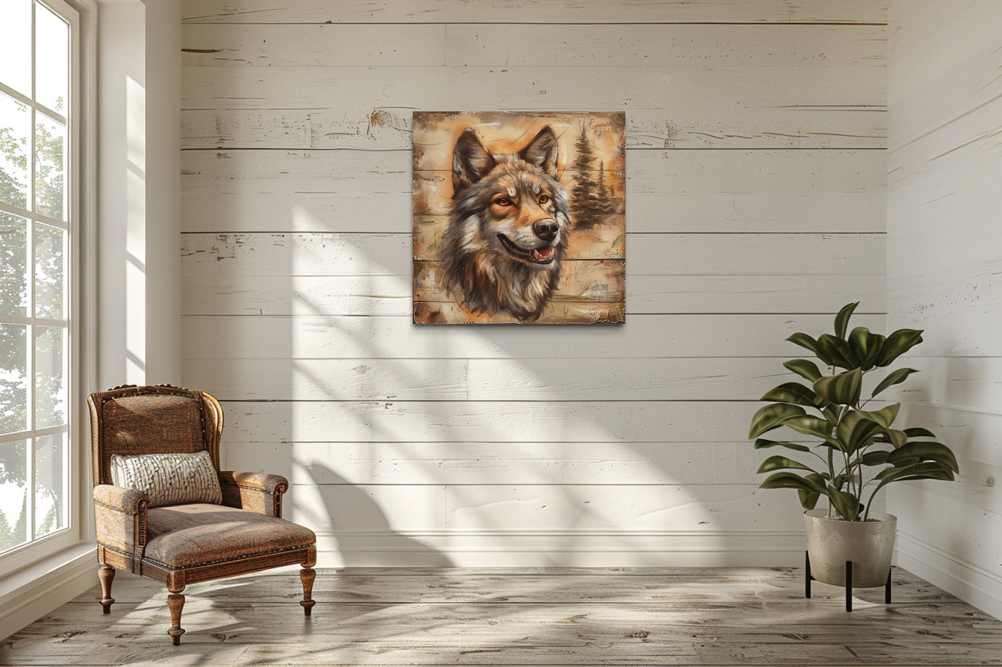 Rustic Wolf Painting On Wood Framed Canvas Wall Art