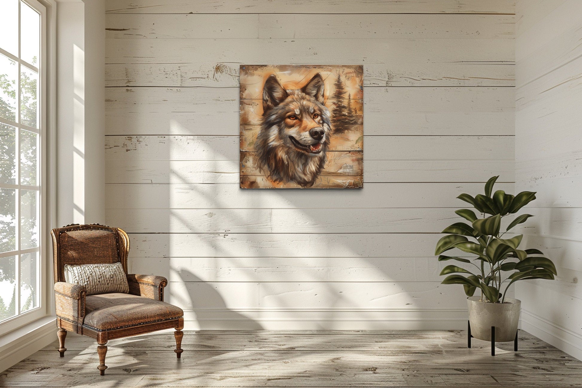 Rustic Wolf Painting On Wood Framed Canvas Wall Art