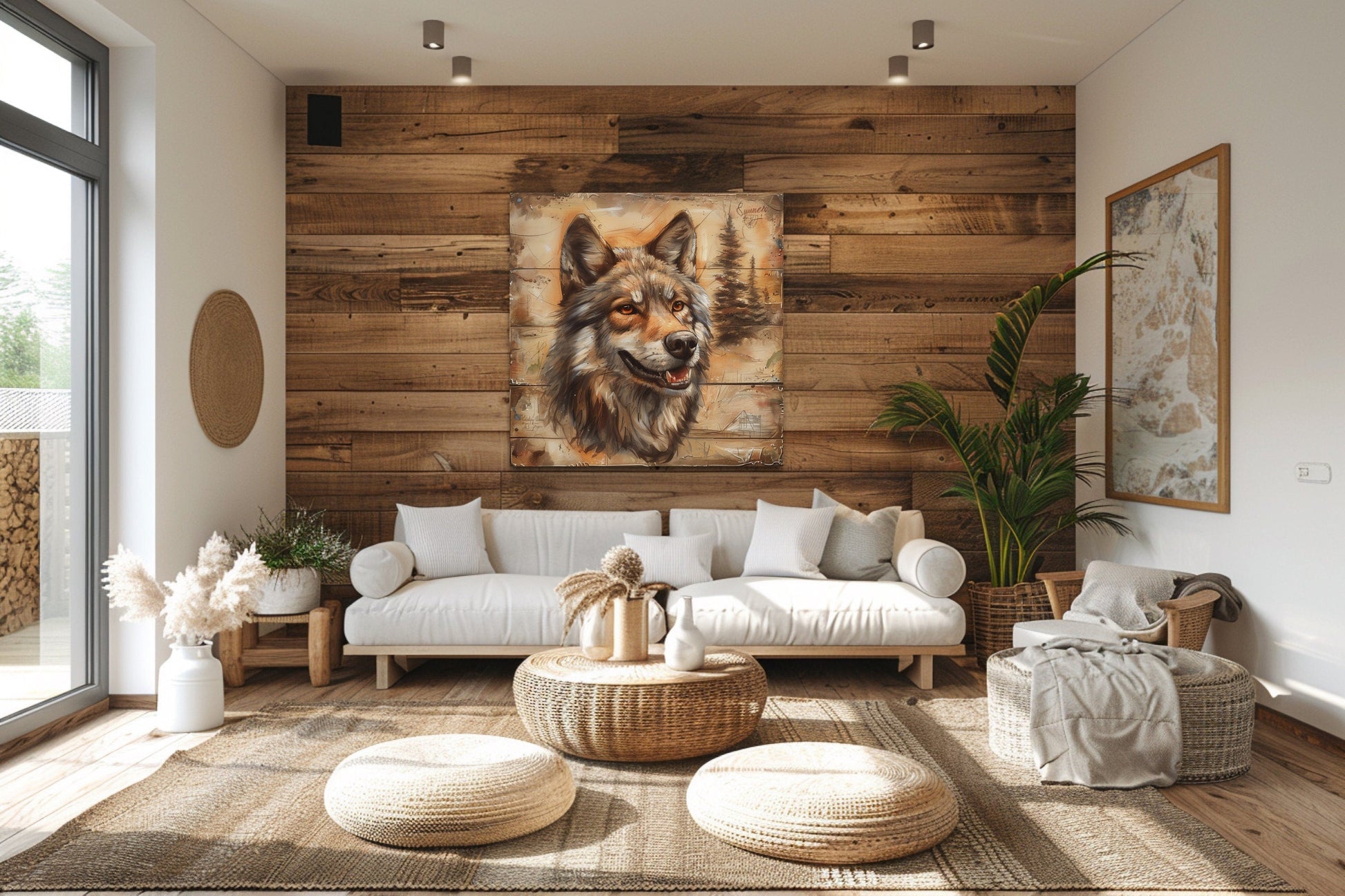 Rustic Wolf Painting On Wood Framed Canvas Wall Art