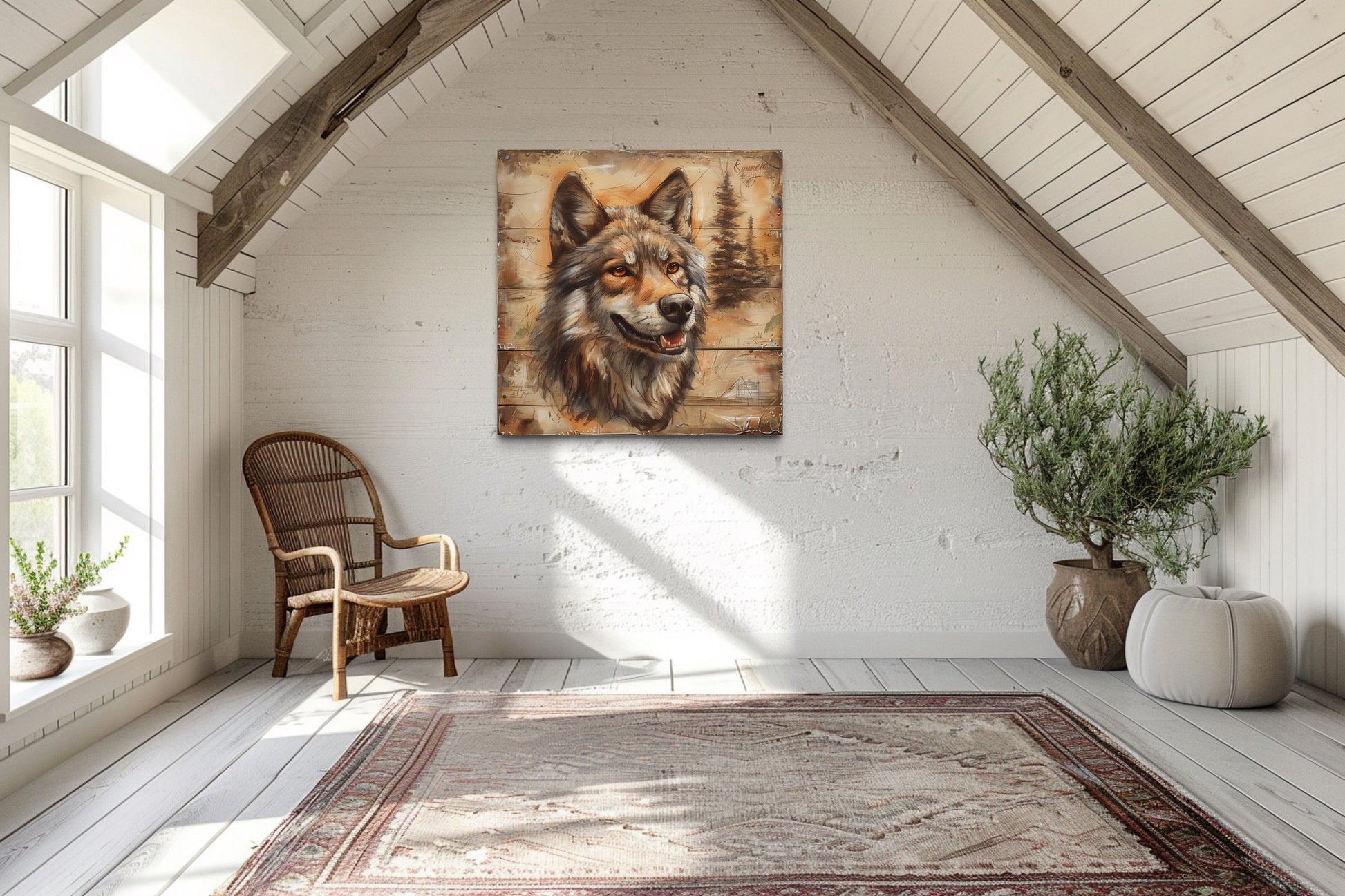 Rustic Wolf Painting On Wood Framed Canvas Wall Art