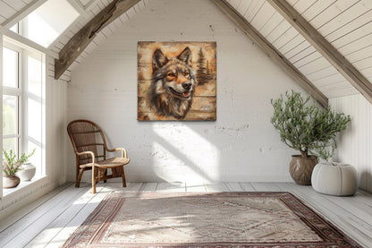 Rustic Wolf Painting On Wood Framed Canvas Wall Art