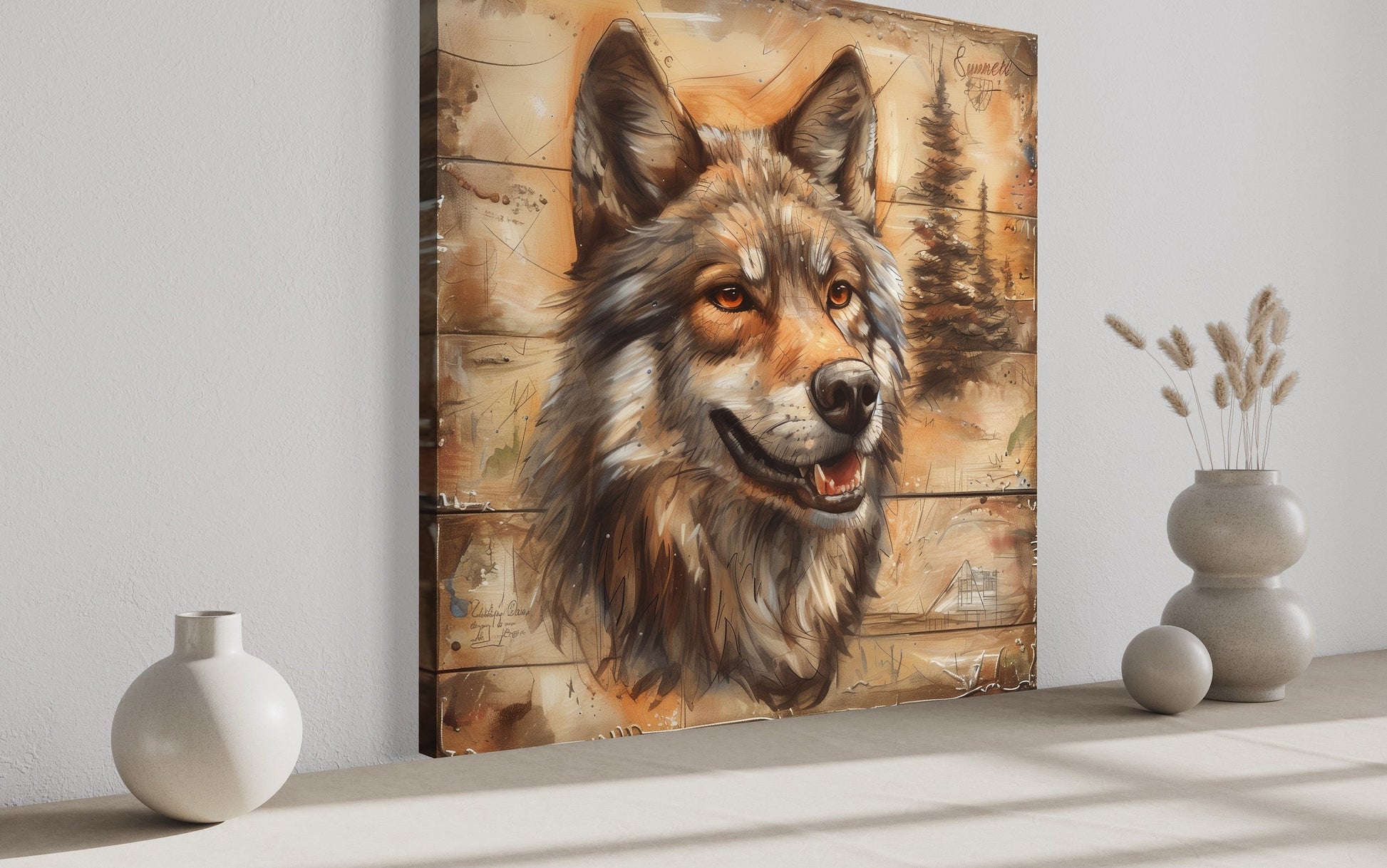 Rustic Wolf Painting On Wood Framed Canvas Wall Art
