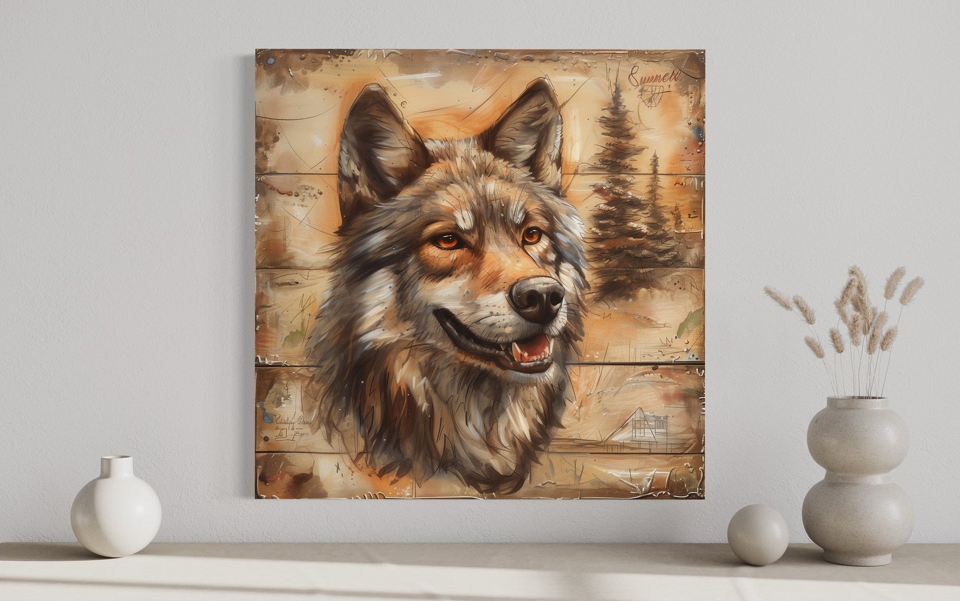 Rustic Wolf Painting On Wood Framed Canvas Wall Art