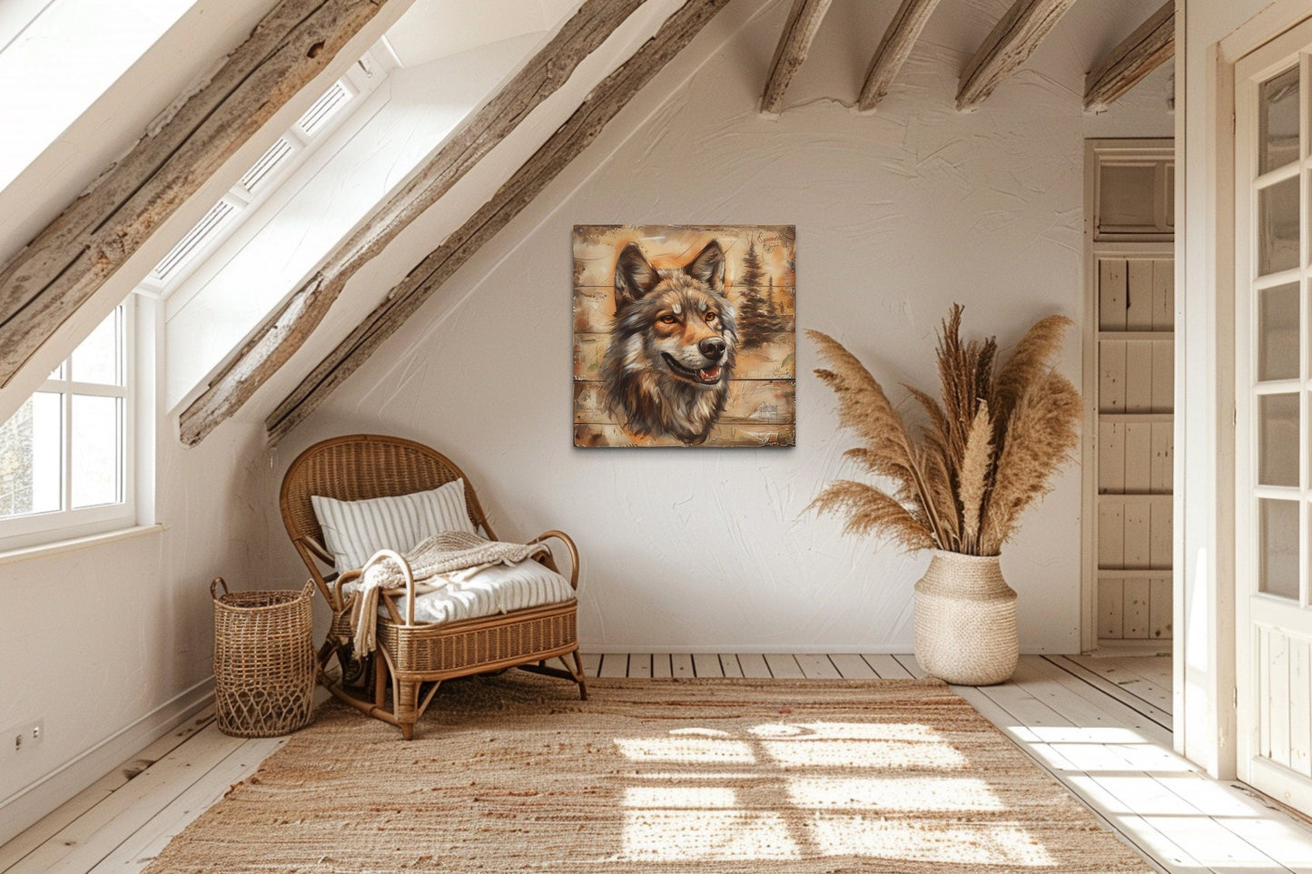 Rustic Wolf Painting On Wood Framed Canvas Wall Art