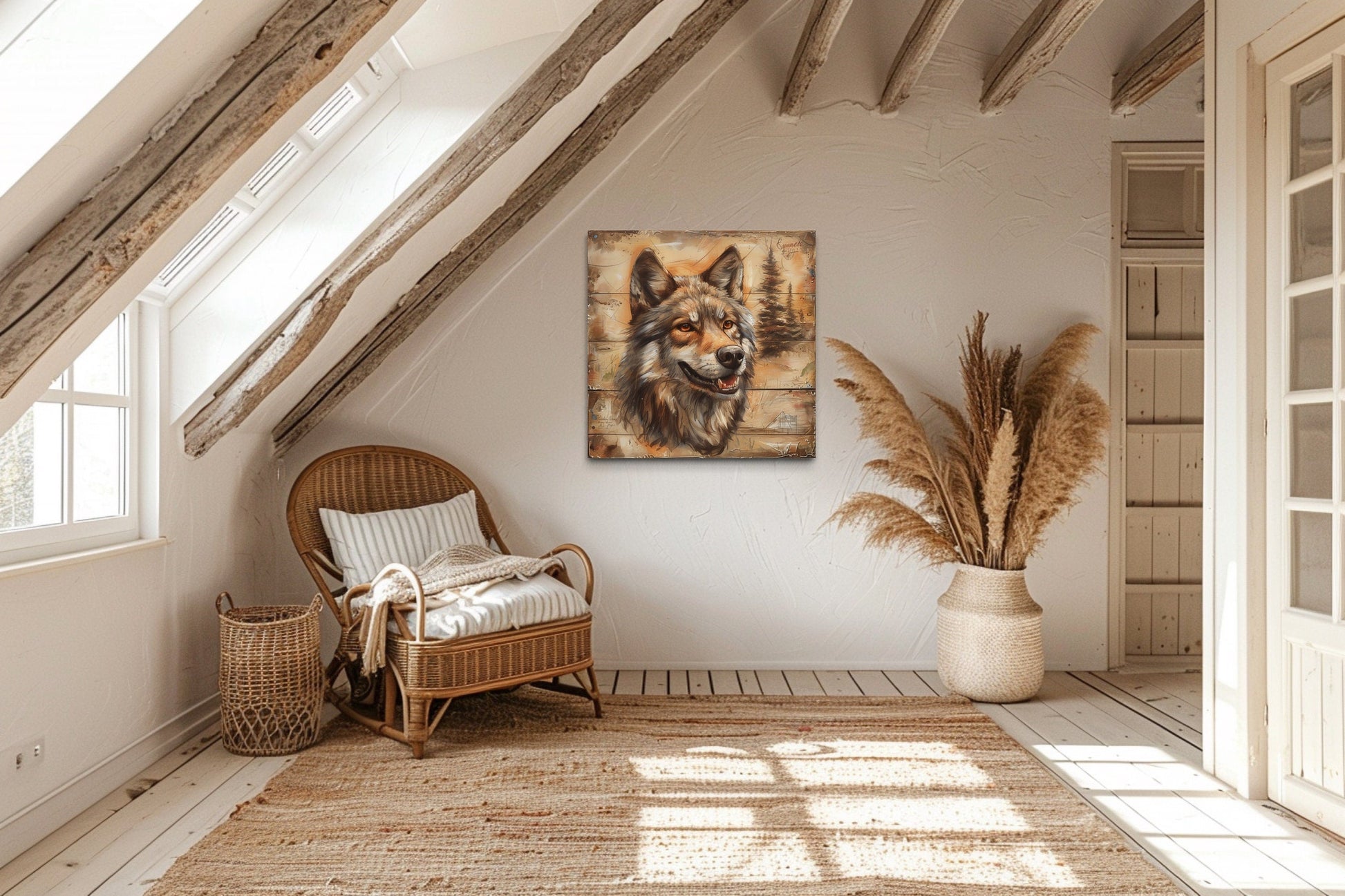 Rustic Wolf Painting On Wood Framed Canvas Wall Art