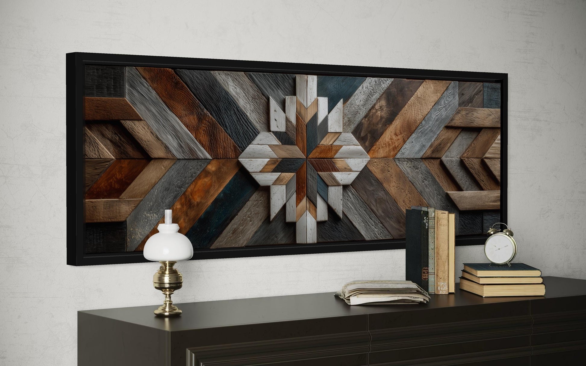 Rustic Wood Style Geometric Chevron Painting Long Horizontal Canvas Wall Art