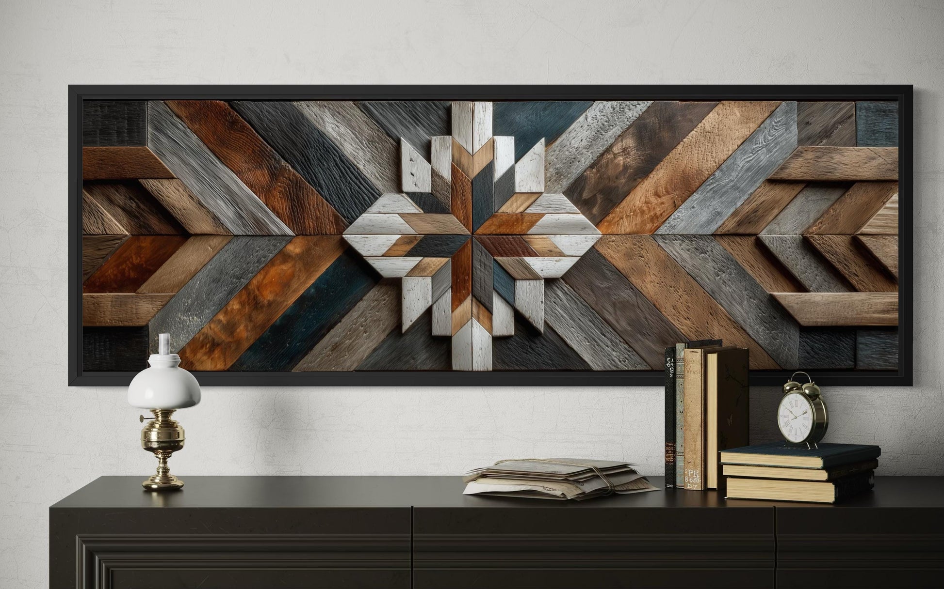 Rustic Wood Style Geometric Chevron Painting Long Horizontal Canvas Wall Art