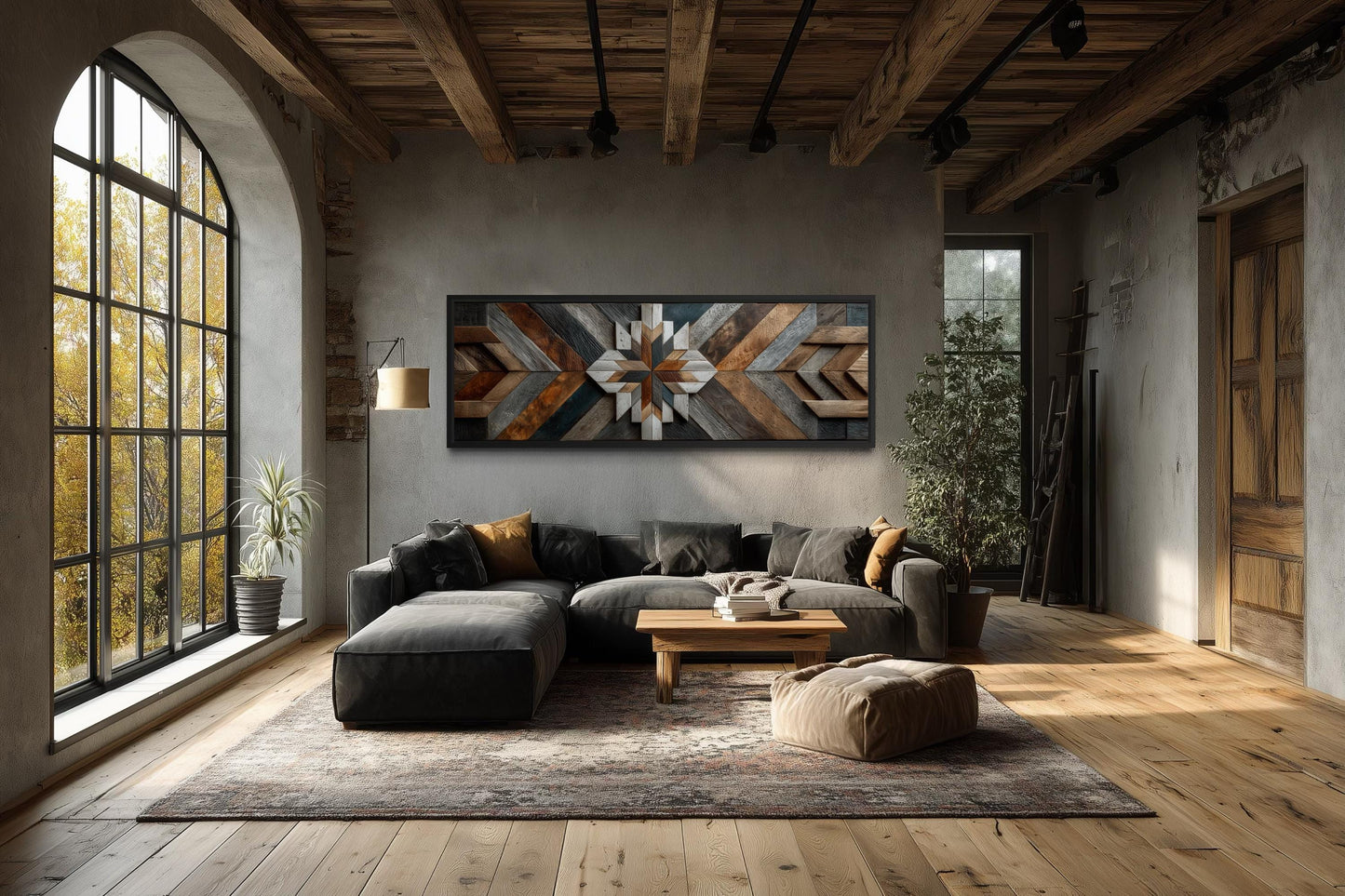 Rustic Wood Style Geometric Chevron Painting Long Horizontal Canvas Wall Art