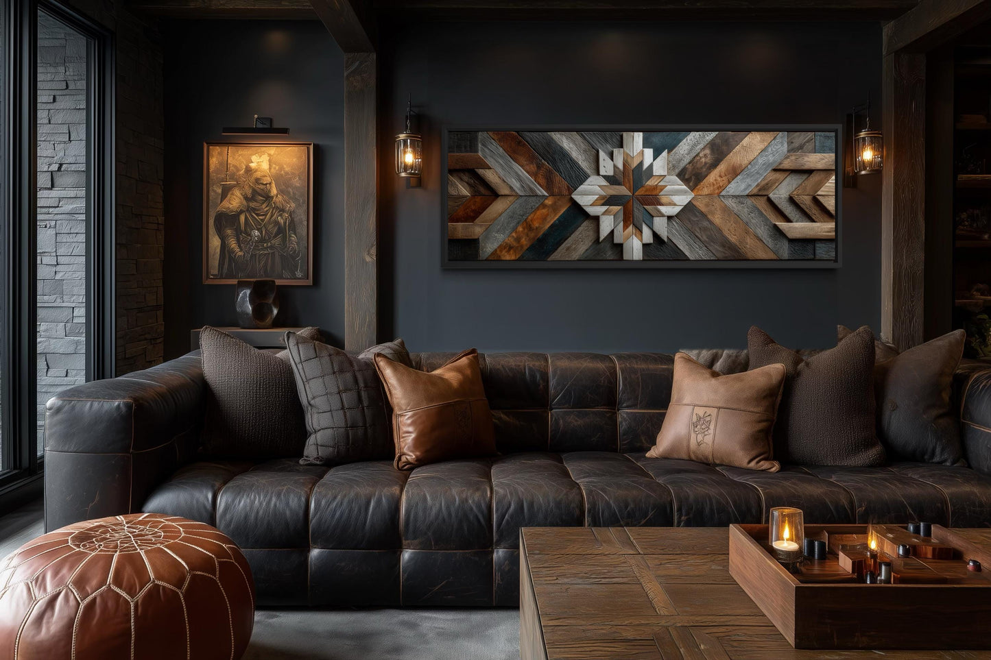 Rustic Wood Style Geometric Chevron Painting Long Horizontal Canvas Wall Art