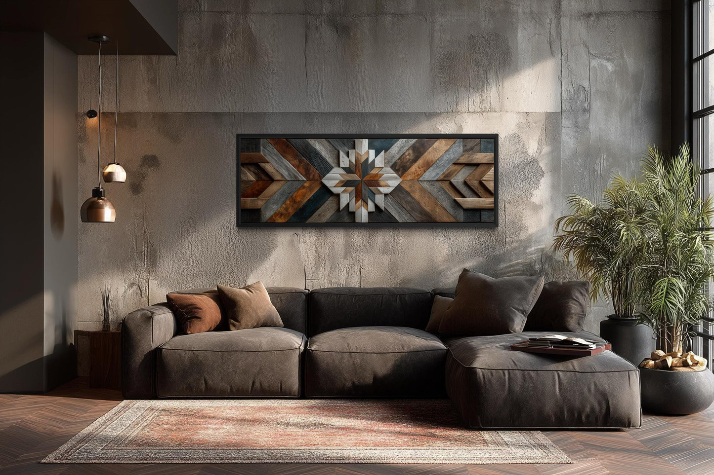 Rustic Wood Style Geometric Chevron Painting Long Horizontal Canvas Wall Art