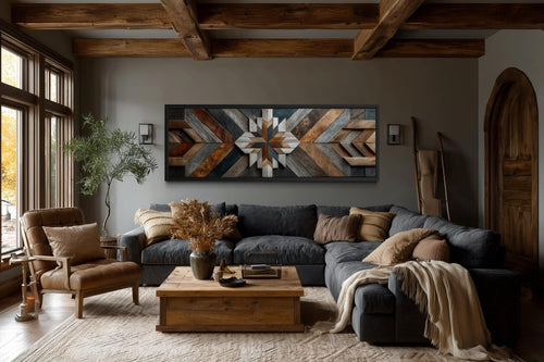 Rustic Wood Style Geometric Chevron Painting Long Horizontal Canvas Wall Art