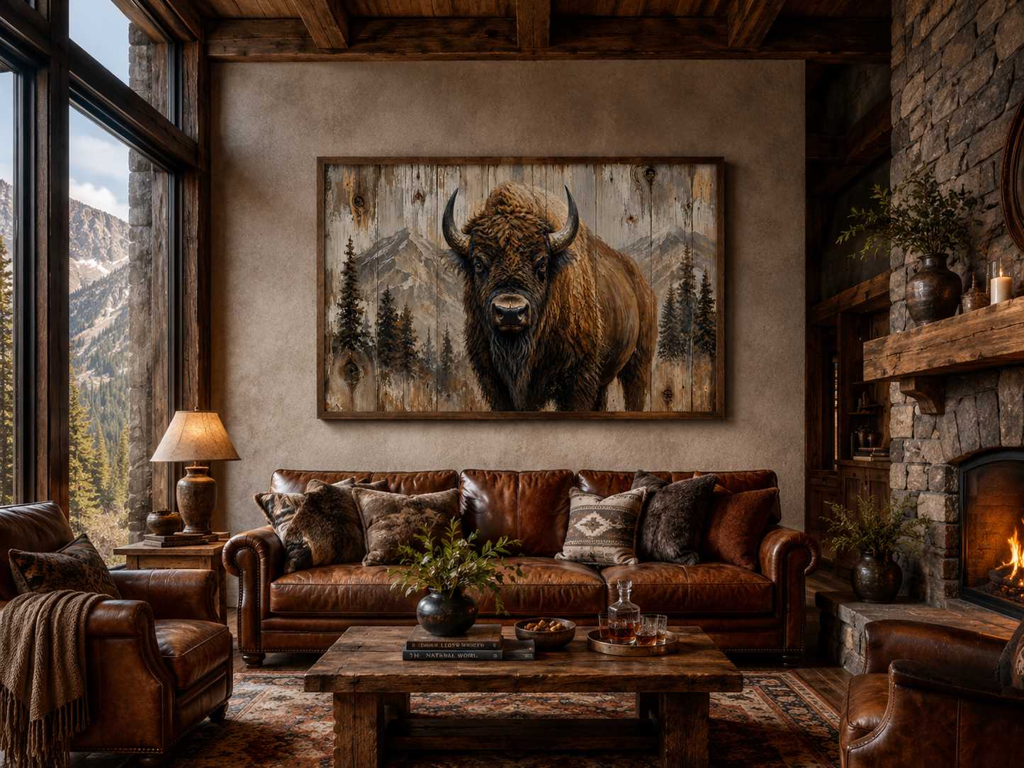 American Buffalo Portrait On Wood Rustic Framed Canvas Wall Art For Western Cabin Decor