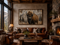 American Buffalo Portrait On Wood Rustic Framed Canvas Wall Art For Western Cabin Decor