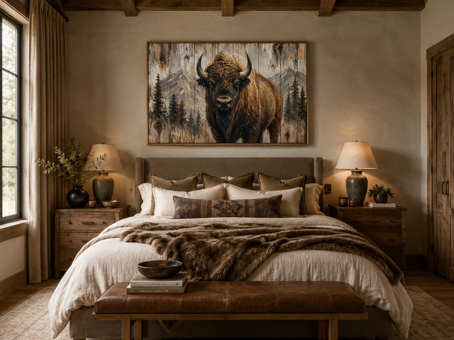 American Buffalo Portrait On Wood Rustic Framed Canvas Wall Art For Western Cabin Decor