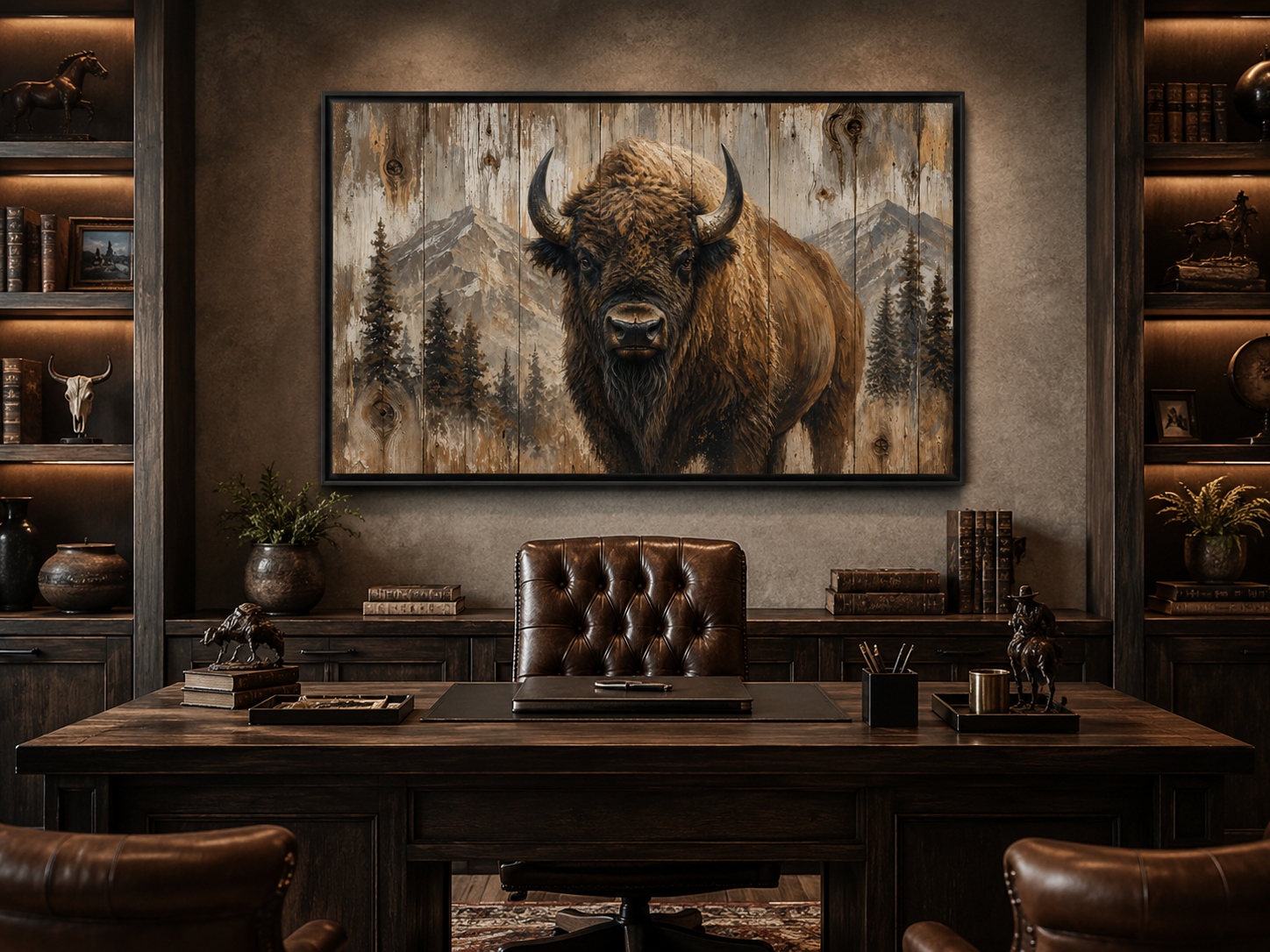 American Buffalo Portrait On Wood Rustic Framed Canvas Wall Art For Western Cabin Decor
