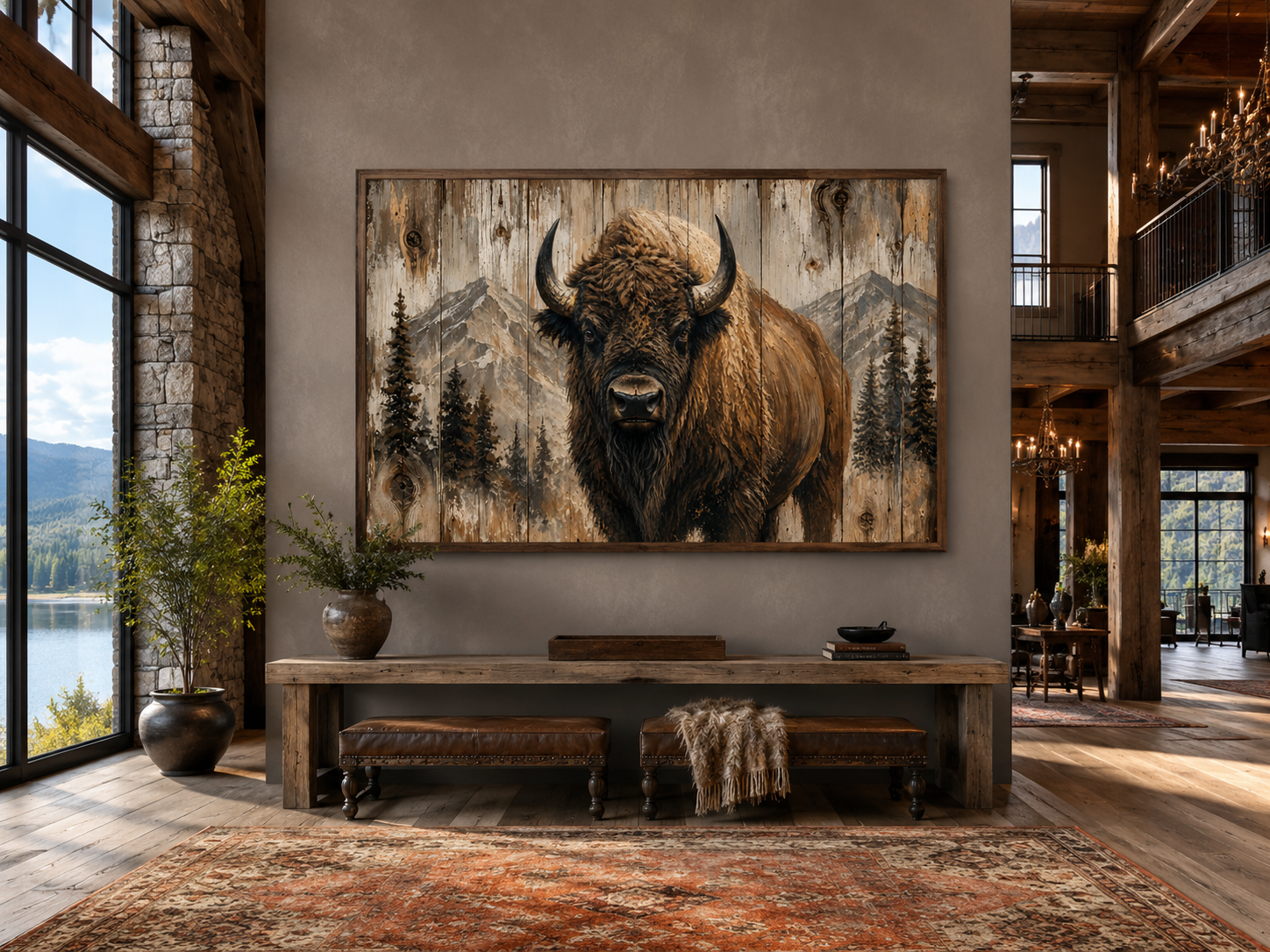 American Buffalo Portrait On Wood Rustic Framed Canvas Wall Art For Western Cabin Decor