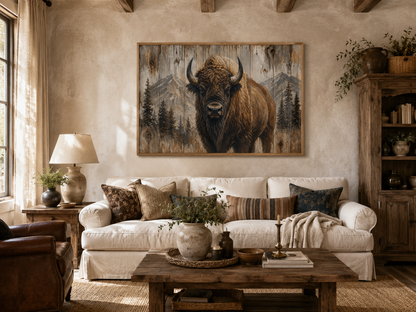 American Buffalo Portrait On Wood Rustic Framed Canvas Wall Art For Western Cabin Decor