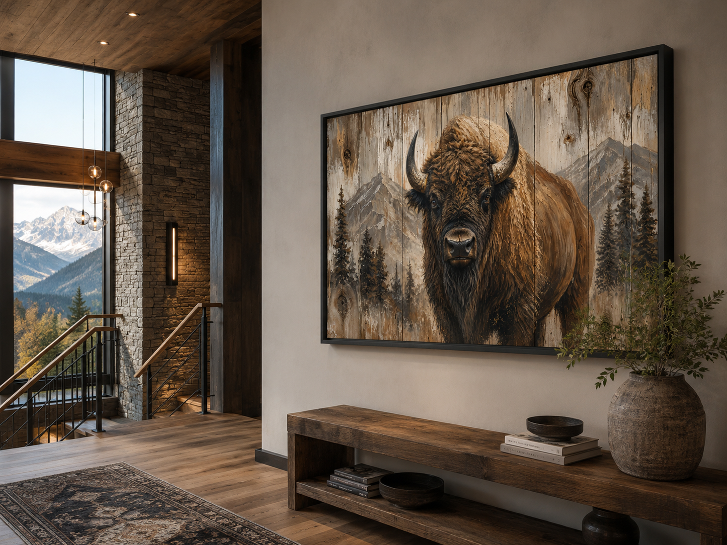 American Buffalo Portrait On Wood Rustic Framed Canvas Wall Art For Western Cabin Decor