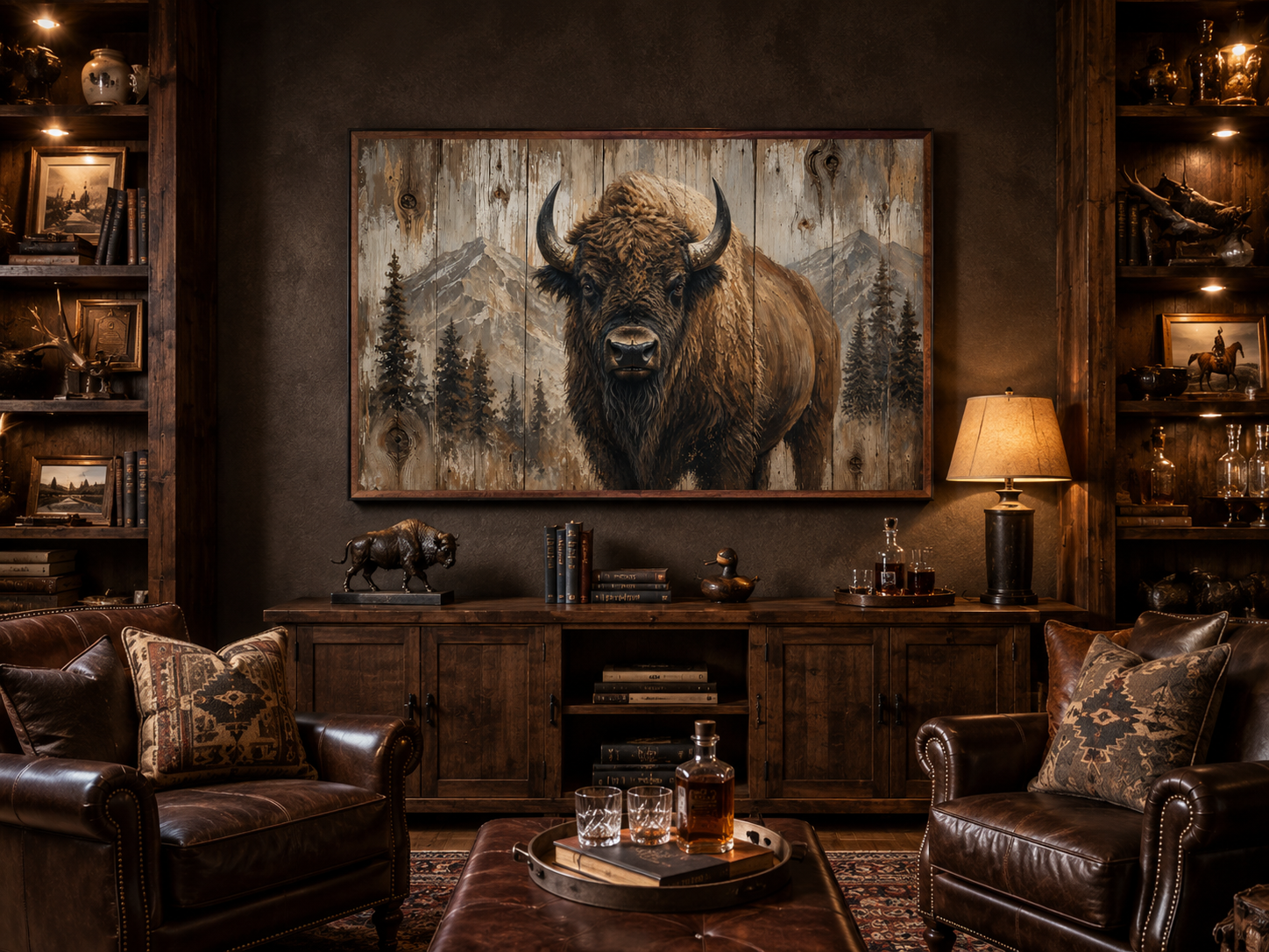 American Buffalo Portrait On Wood Rustic Framed Canvas Wall Art For Western Cabin Decor
