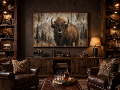 American Buffalo Portrait On Wood Rustic Framed Canvas Wall Art For Western Cabin Decor
