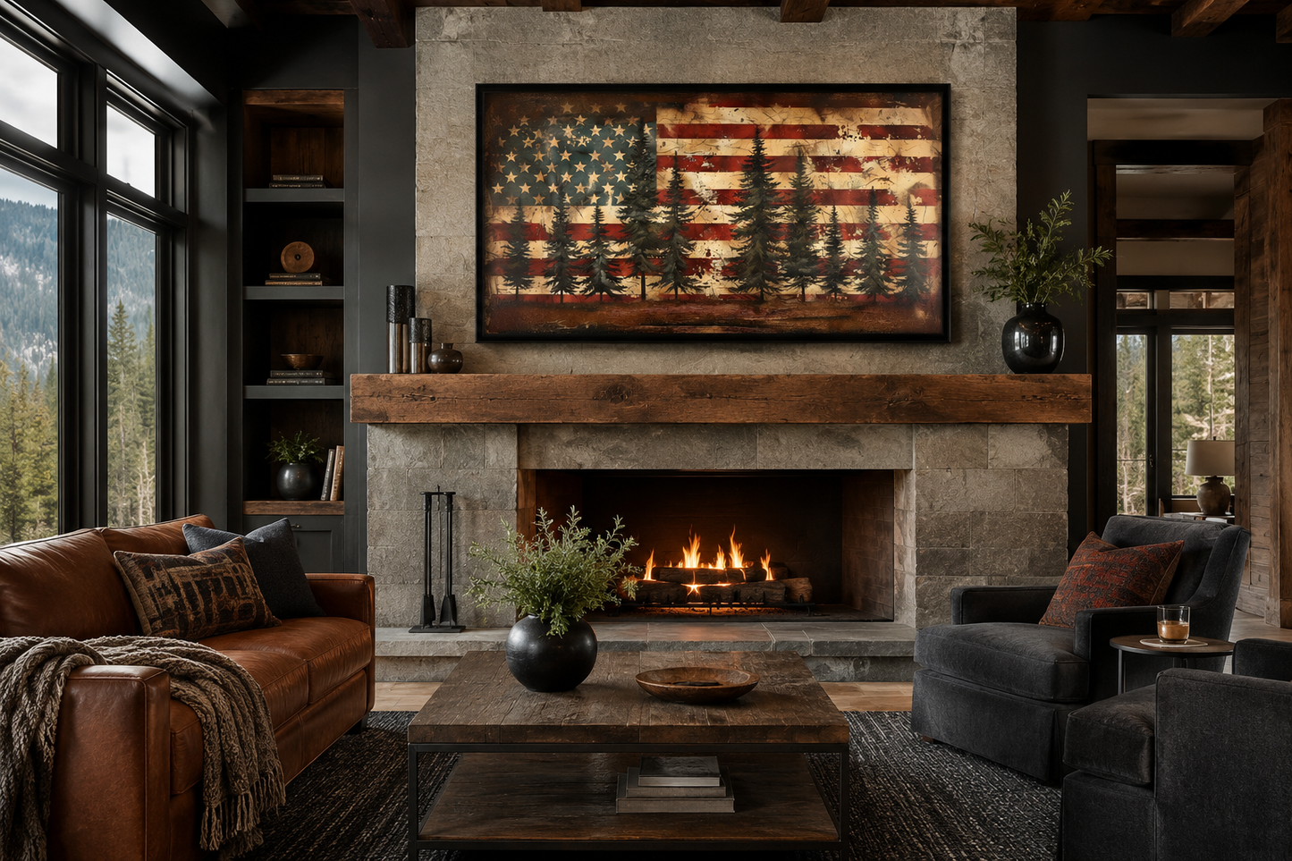 Rustic American Flag Art – Framed Canvas Wall Art | Vintage Patriotic Decor