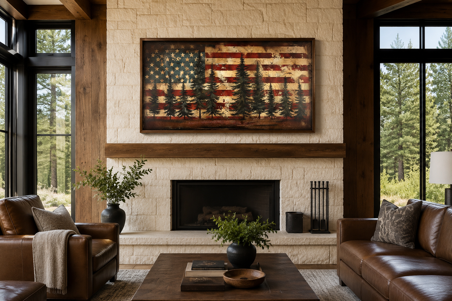 Rustic American Flag Art – Framed Canvas Wall Art | Vintage Patriotic Decor