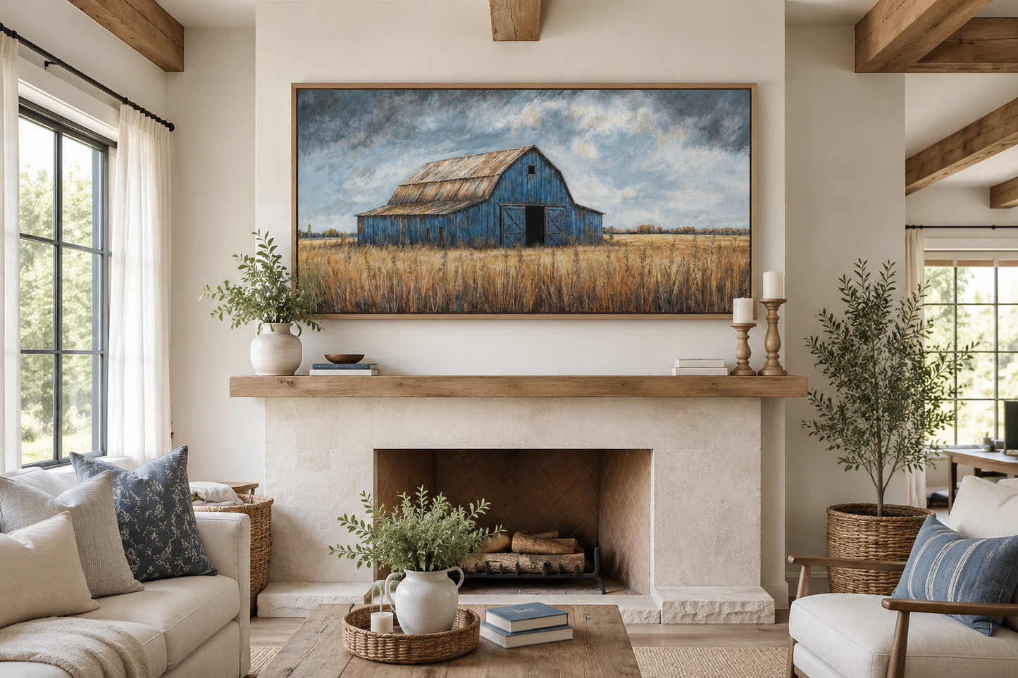 Rustic Blue Barn Framed Canvas Wall Art For Farmhouse Decor