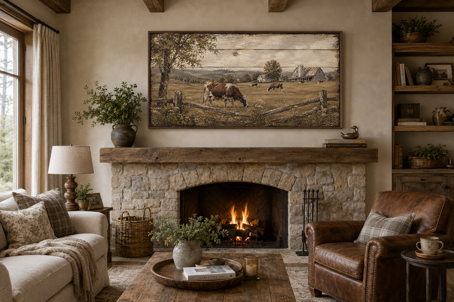 Rustic Farm With Cows Wall Art – Farmhouse Wall Decor | Pastoral Landscape Canvas Print