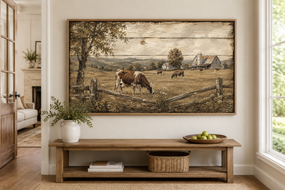 Rustic Farm With Cows Wall Art – Farmhouse Wall Decor | Pastoral Landscape Canvas Print
