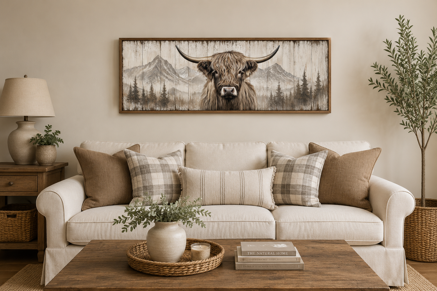 Rustic Highland Cow Painted On Wood Long Horizontal Framed Canvas Wall Art