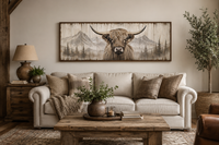 Rustic Highland Cow Painted On Wood Long Horizontal Framed Canvas Wall Art