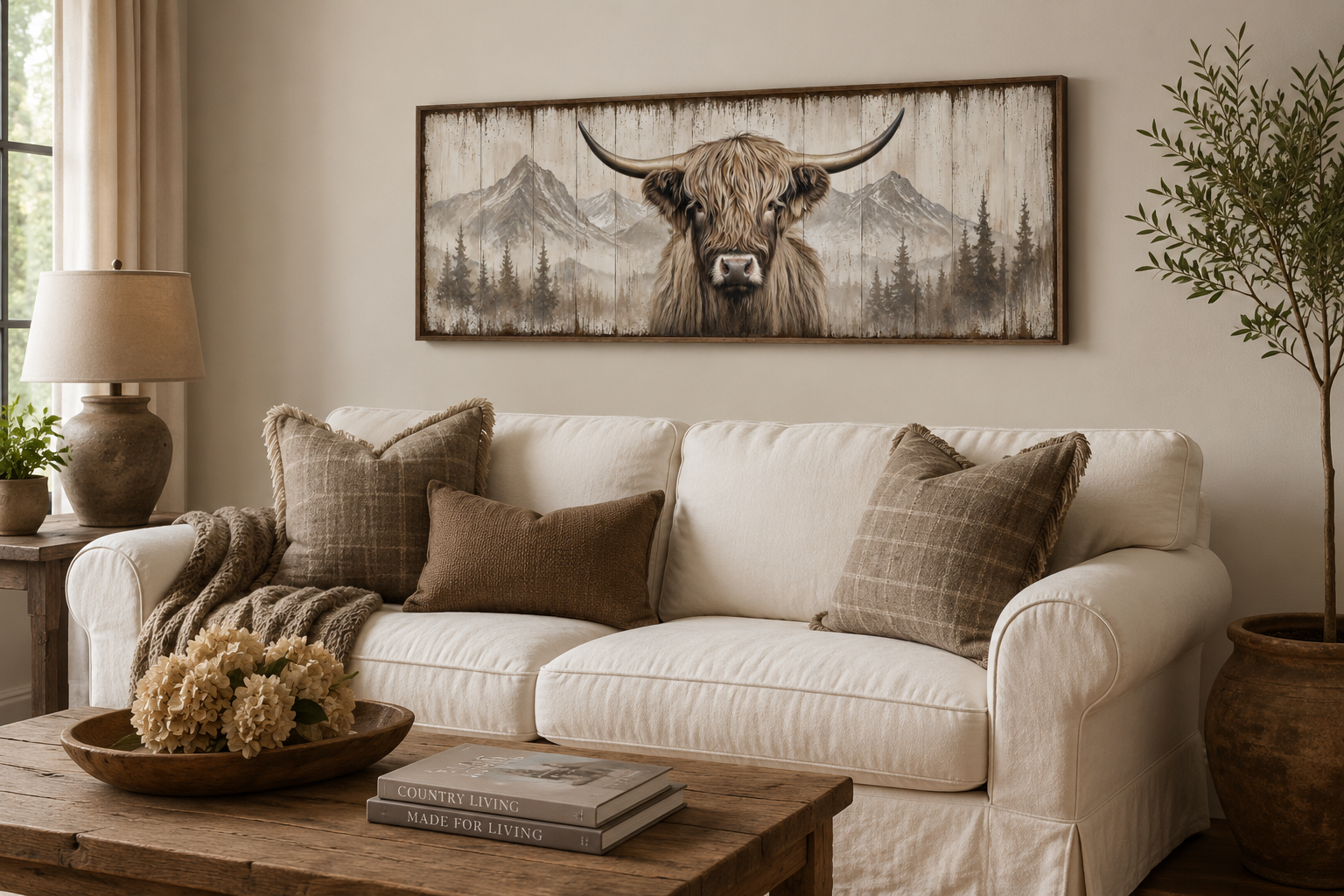 Rustic Highland Cow Painted On Wood Long Horizontal Framed Canvas Wall Art