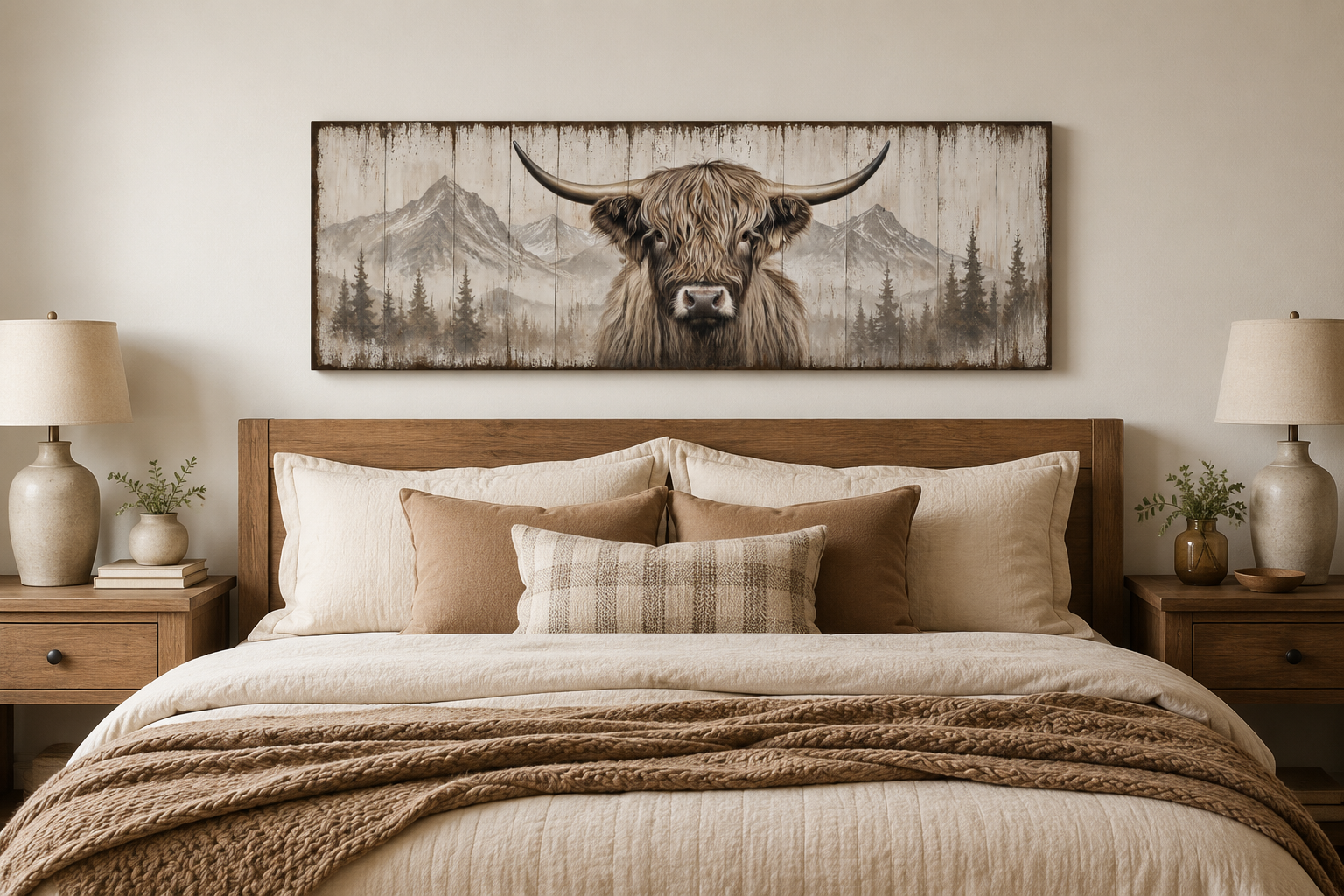 Rustic Highland Cow Painted On Wood Long Horizontal Framed Canvas Wall Art