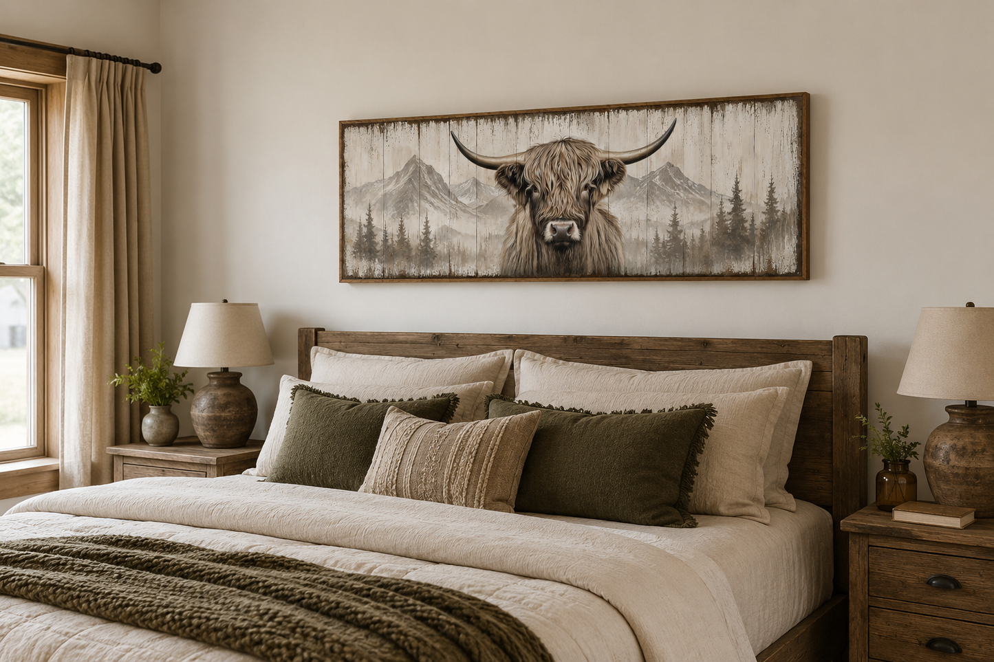 Rustic Highland Cow Painted On Wood Long Horizontal Framed Canvas Wall Art