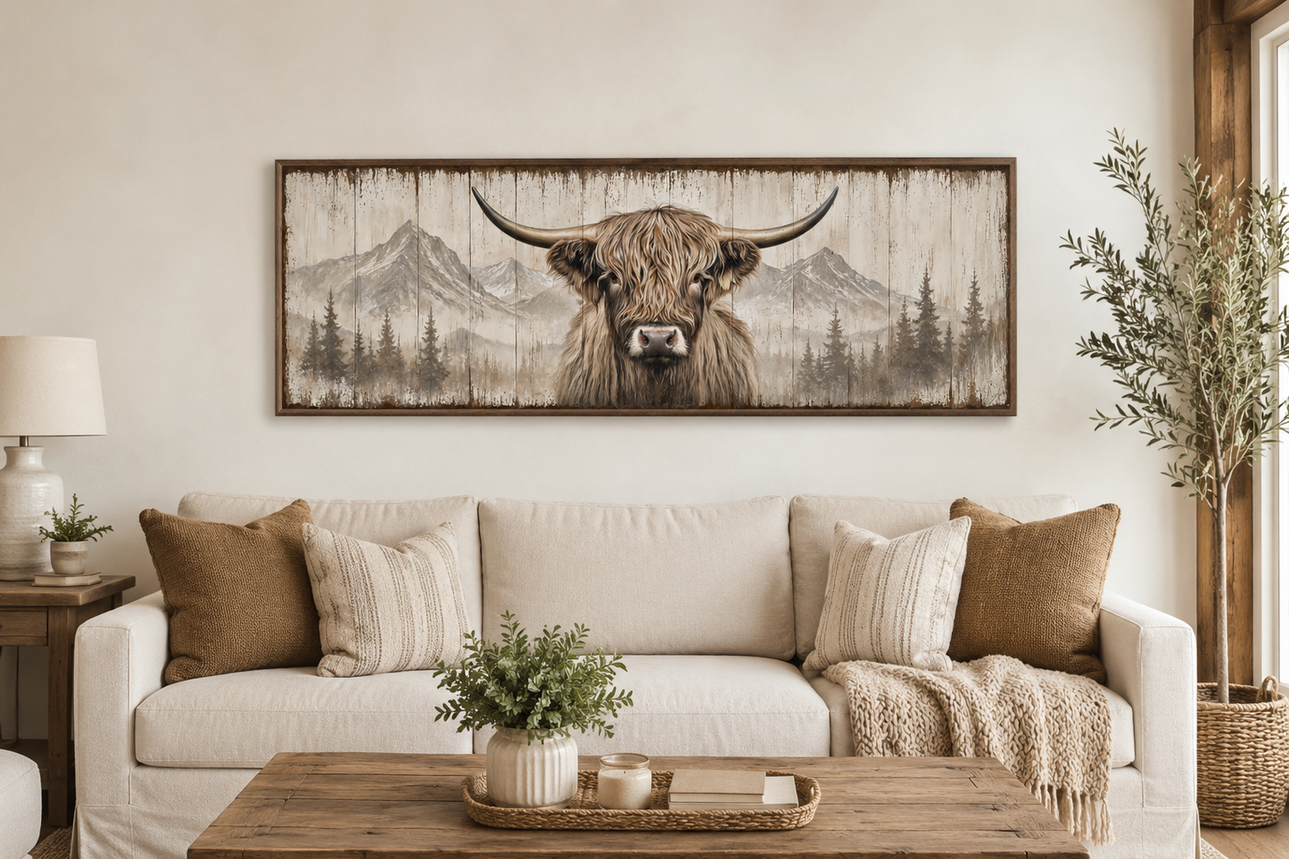 Rustic Highland Cow Painted On Wood Long Horizontal Framed Canvas Wall Art