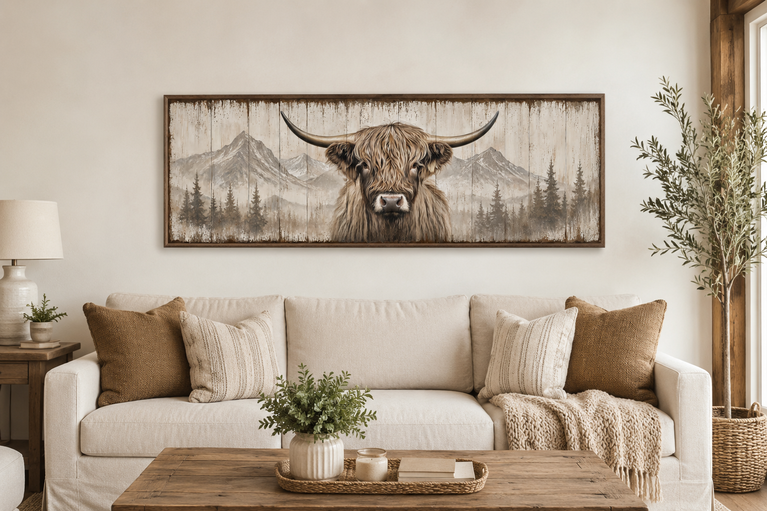 Rustic Highland Cow Painted On Wood Long Horizontal Framed Canvas Wall Art