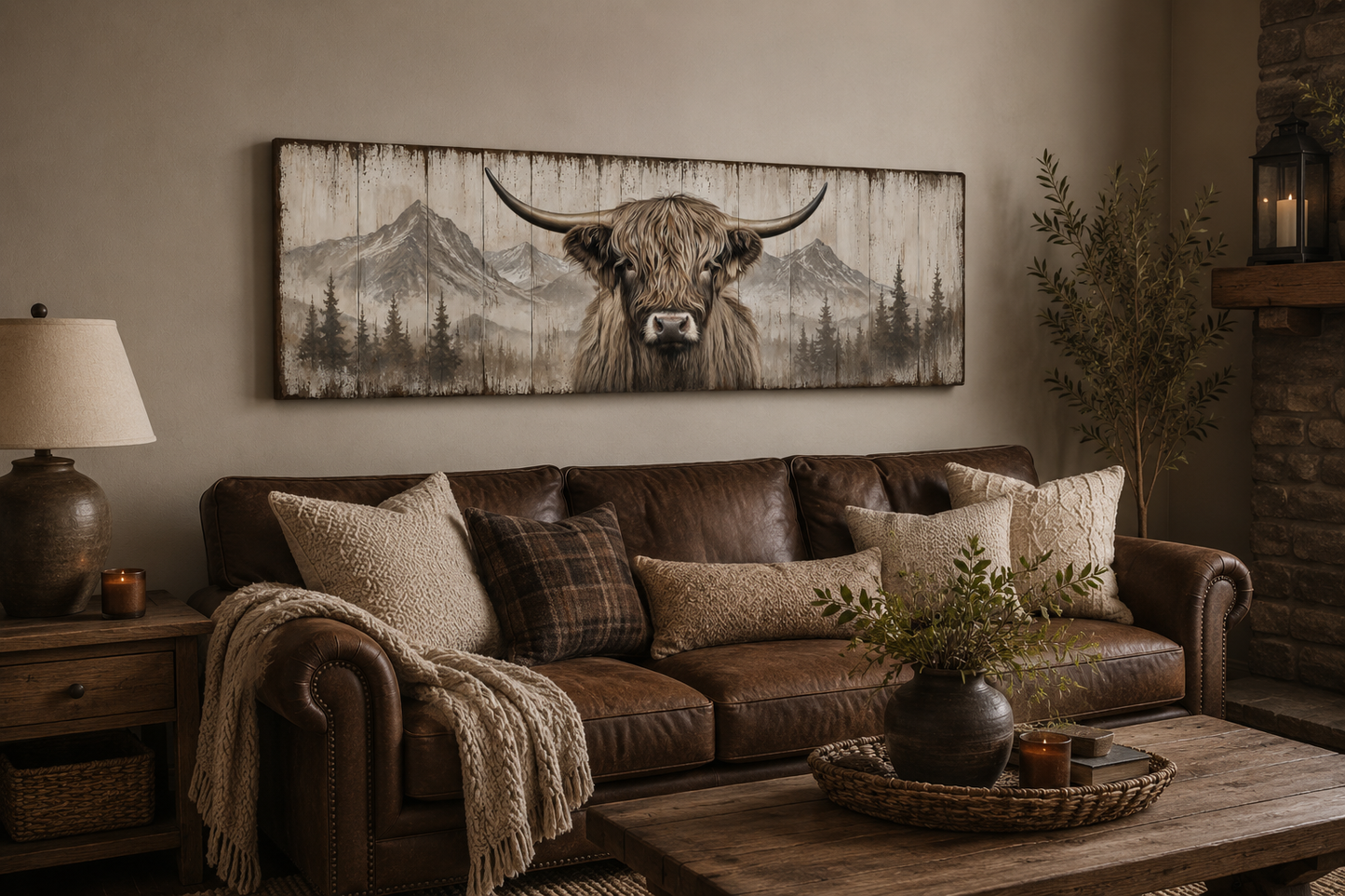 Rustic Highland Cow Painted On Wood Long Horizontal Framed Canvas Wall Art