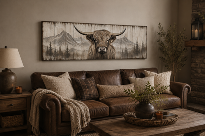 Rustic Highland Cow Painted On Wood Long Horizontal Framed Canvas Wall Art