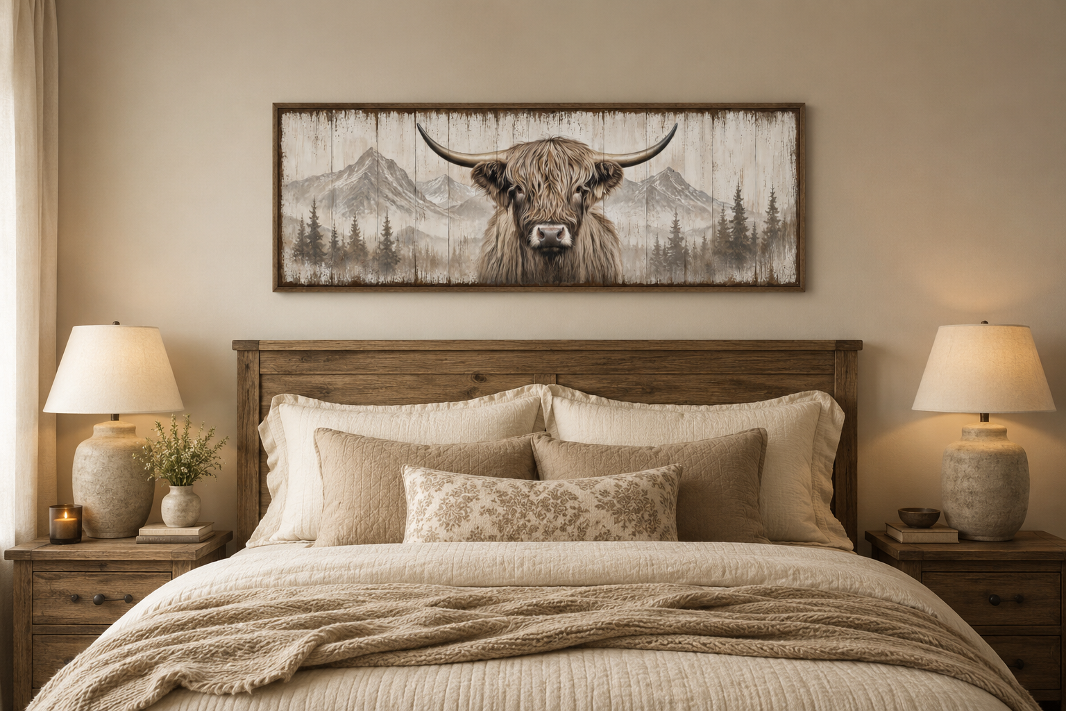 Rustic Highland Cow Painted On Wood Long Horizontal Framed Canvas Wall Art