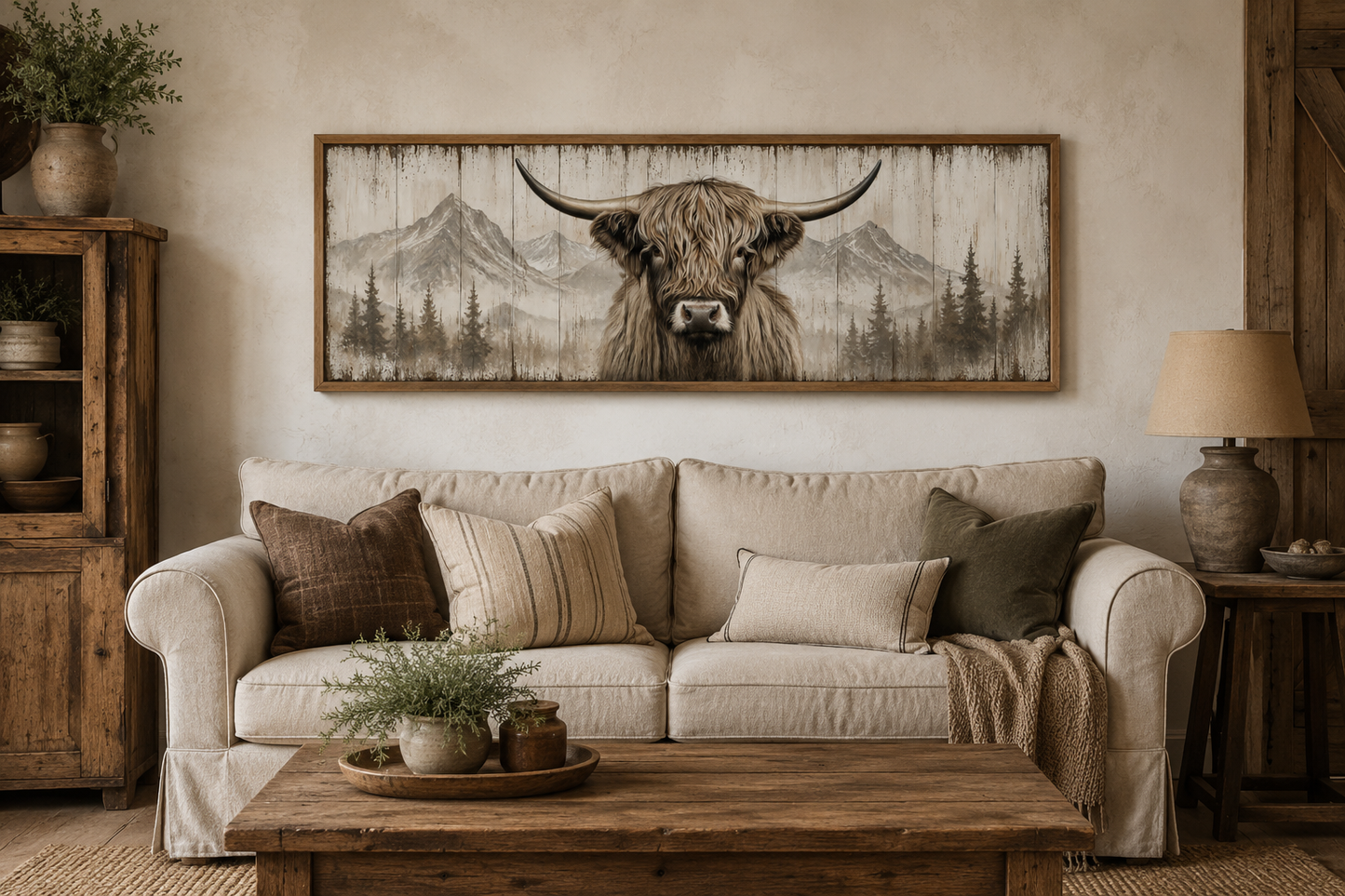 Rustic Highland Cow Painted On Wood Long Horizontal Framed Canvas Wall Art